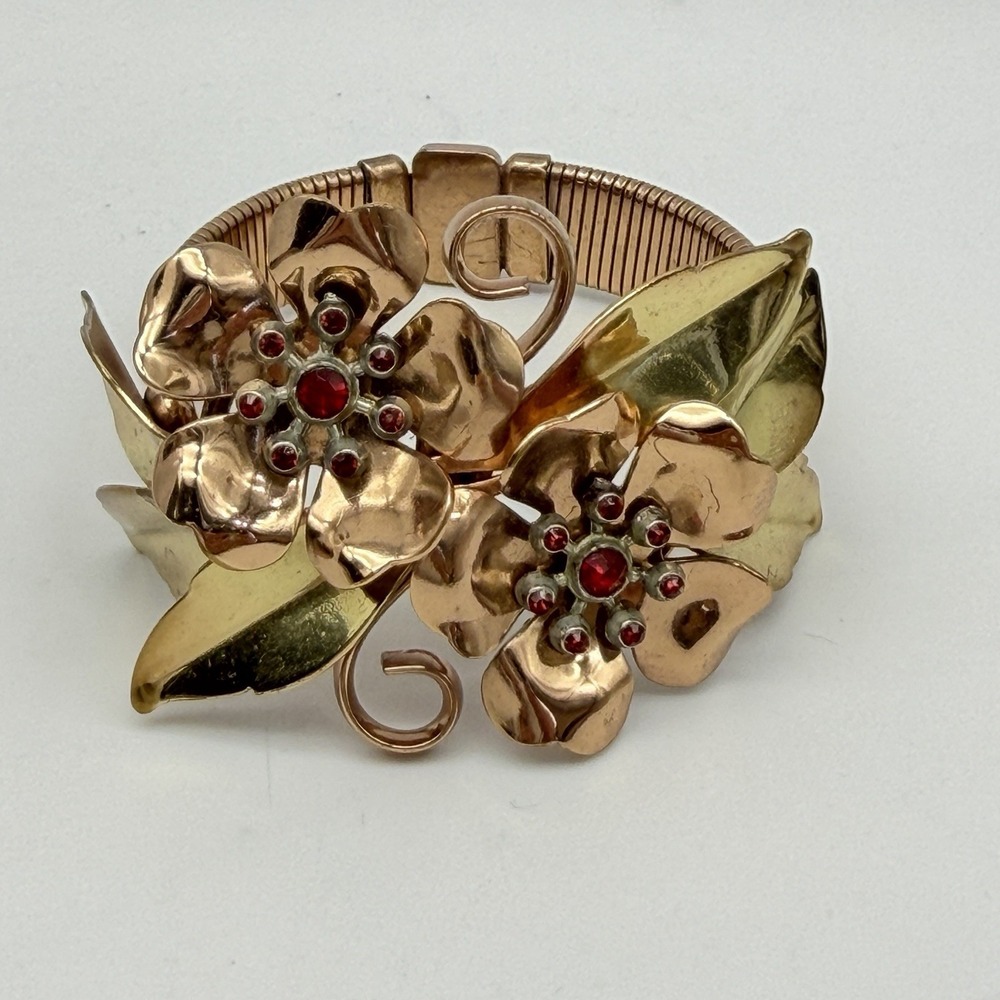 Vintage Copper Gold Two Tone Flower Vine Leaves Omega Flexible Bracelet 7.25"